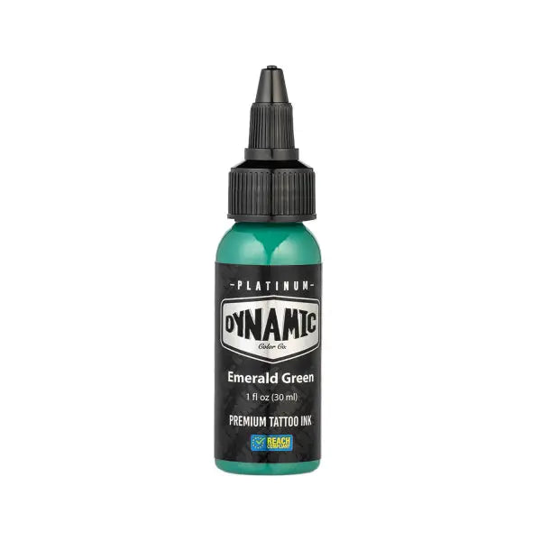 Emerald green tattoo ink in a sleek translucent bottle with black cap from DYNAMIC platinum earth set 5x30 ml