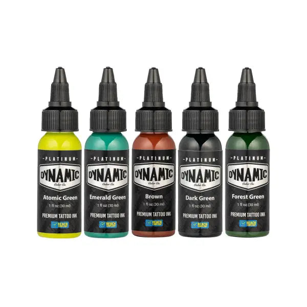 Five bottles of dynamic platinum premium tattoo ink in earth colors with black caps in a 5x30 ml set