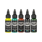 Cinque flaconi di dynamic platinum premium tattoo colore nei colori della terra con tappi neri in set da 5x30 ml