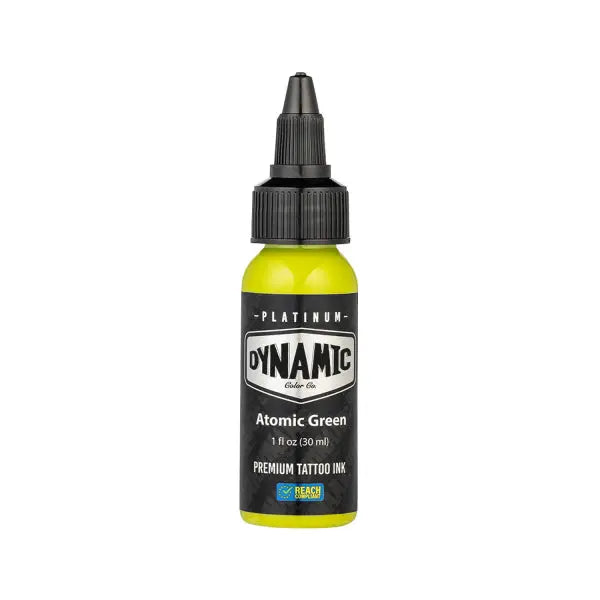A vibrant neon green tattoo ink bottle with black cap from dynamic platinum earth set 5x30 ml