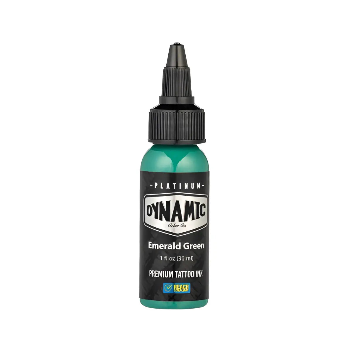 Dynamic platinum emerald green tattoo ink in a sleek translucent 30 ml bottle with black cap and label