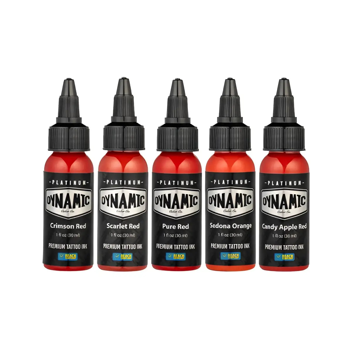 Fünf Flaschen dynamic Platinum Premium Tattoo-Farben in Rot- und Orangetönen mit schwarzen Kappen und Etiketten im Envy-Set