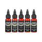 Five bottles of dynamic platinum premium tattoo ink in red and orange shades with black caps and labels in envy set