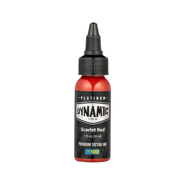 Scarlet red tattoo ink in a sleek translucent red bottle with black cap and label from dynamic platinum envy set