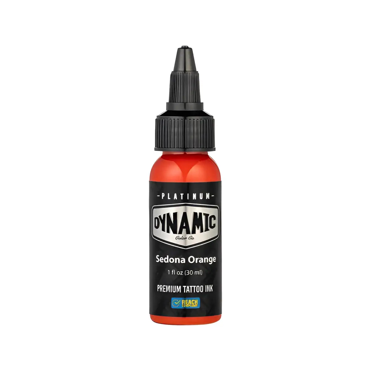 Eine leuchtend orangefarbene, mit Flüssigkeit gefüllte Flasche mit dynamic platinum sedona orange Tattoo-Farben, schwarzem Deckel und weißem Etikett