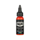 A vibrant orange liquid-filled bottle of dynamic platinum sedona orange tattoo ink with a black cap and white label