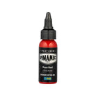 A vibrant red glossy plastic bottle of dynamic platinum pure red tattoo ink with a black screw-on cap and label