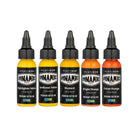 Five bottles of dynamic platinum premium tattoo ink in vibrant yellow and orange shades for fire set 5x30 ml