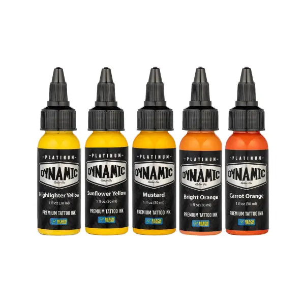 Five bottles of dynamic platinum premium tattoo ink in vibrant yellow and orange shades for fire set 5x30 ml