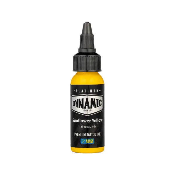A vibrant yellow liquid-filled bottle of dynamic platinum sunflower yellow premium tattoo ink with black cap and label