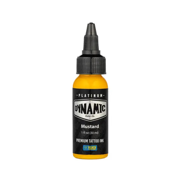 A vibrant yellow mustard-colored tattoo ink bottle with black cap and label from dynamic platinum fire set 30 ml
