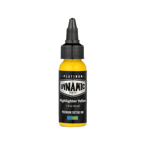 A vibrant yellow tattoo ink bottle with black cap from dynamic platinum fire set 5x30 ml