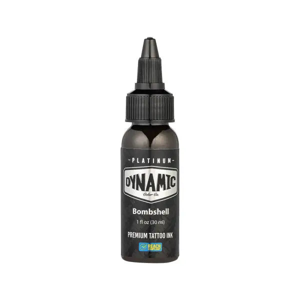 Black plastic bottle of dynamic tattoo ink in bombshell color 1 fl oz for platinum flesh set 5x30 ml
