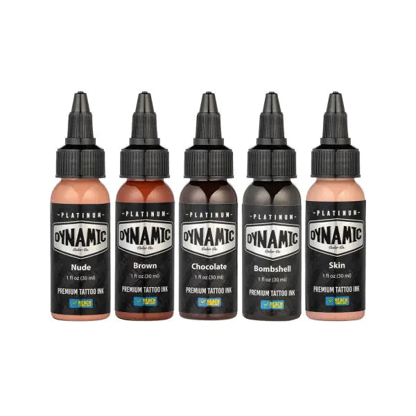 Five bottles of dynamic platinum premium tattoo ink set in nude brown chocolate bombshell and skin colors with black caps