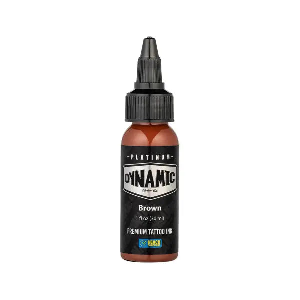 A sleek amber platinum brown tattoo ink bottle by dynamic with a black cap and 1 fl oz label in the flesh set