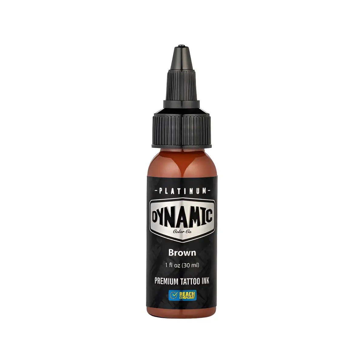 A sleek amber-platinumbraune Tattoo-Farbenflasche von dynamic mit schwarzem Deckel und 1 fl oz-Etikett im Flesh-Set
