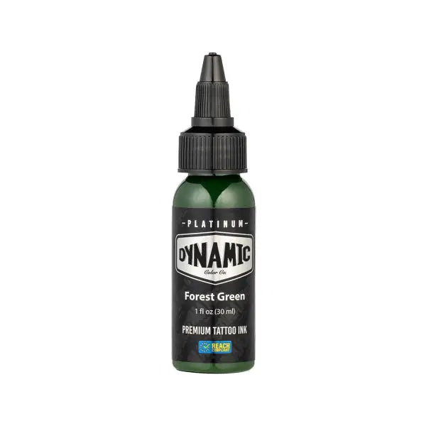 Forest green dynamic platinum tattoo ink in a sleek dark green glass bottle with black screw-on cap 30 ml