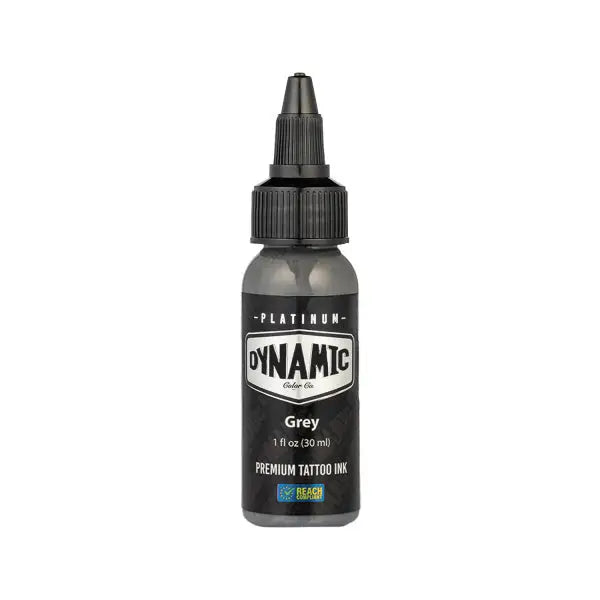 A sleek black bottle of dynamic platinum grey tattoo ink with a precise dropper cap and bold white labeling 30 ml