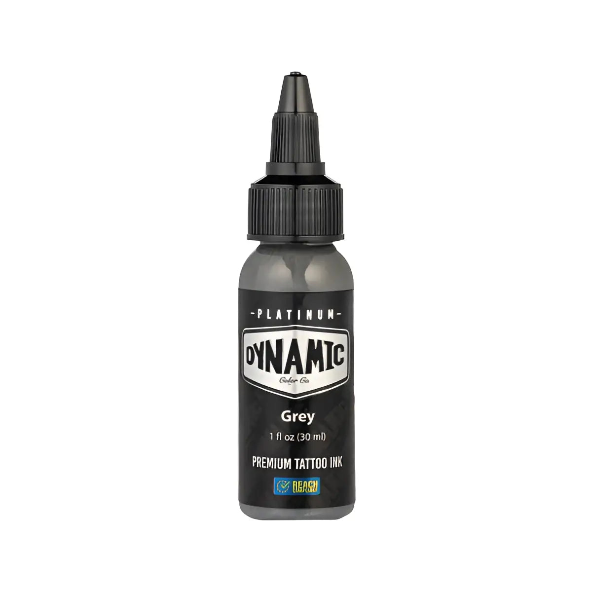 Flacon noir élégant de dynamic couleur gris platine pour tatouage, avec compte-gouttes précis et étiquette blanche audacieuse, 30 ml