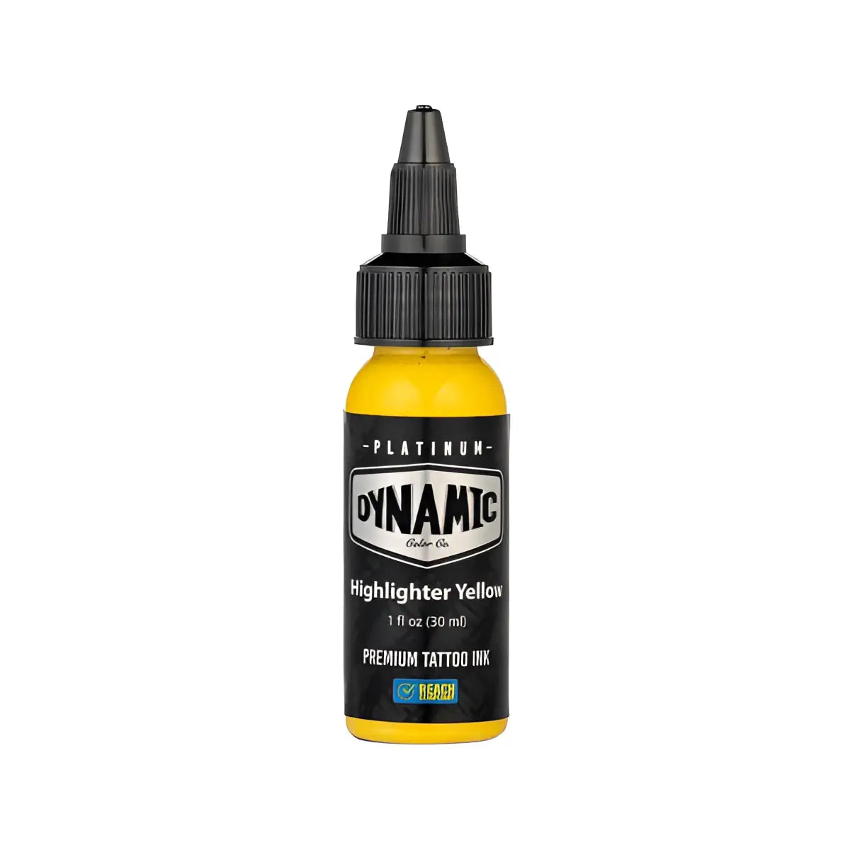 A vibrant yellow dynamic tattoo ink bottle with black cap and label platinum highlighter yellow 30 ml
