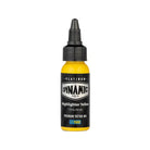 A vibrant yellow dynamic tattoo ink bottle with black cap and label platinum highlighter yellow 30 ml