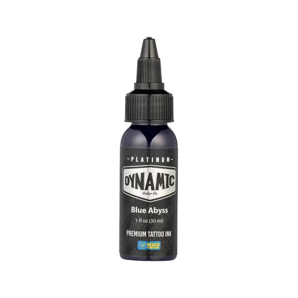 Dark blue plastic bottle of dynamic tattoo ink in blue abyss shade with black screw-on cap from platinum lagoon set