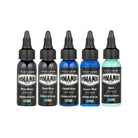 Set of five dynamic platinum tattoo ink bottles in blue abyss dark blue cobalt blue azure blue and mint colors