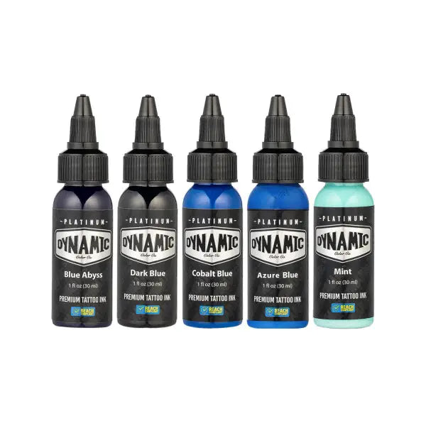 Set of five dynamic platinum tattoo ink bottles in blue abyss dark blue cobalt blue azure blue and mint colors