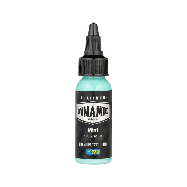 A sleek translucent mint green bottle of dynamic platinum tattoo ink with black cap from lagoon set 5x30 ml