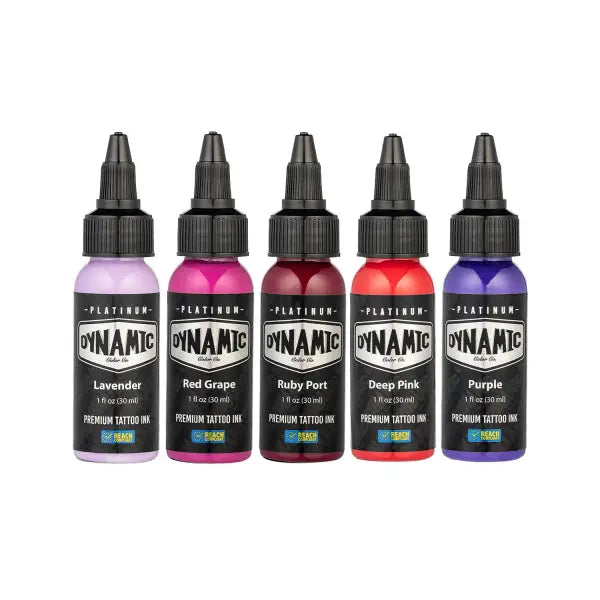 Five bottles of dynamic platinum premium tattoo ink in lavender red grape ruby port deep pink and purple 5x30 ml set