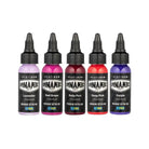 Five bottles of dynamic platinum premium tattoo ink in lavender red grape ruby port deep pink and purple 5x30 ml set
