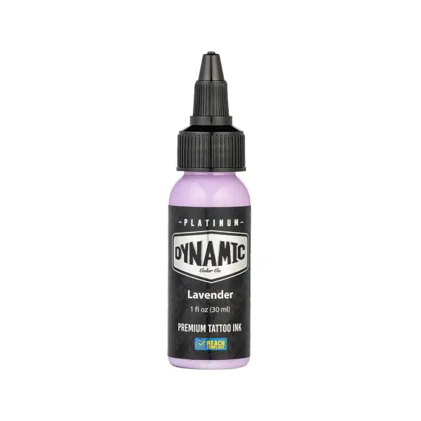 A sleek 1 fl oz bottle of dynamic platinum lavender tattoo ink with black cap and label from lush set