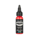 A vibrant red 1 fl oz bottle of dynamic platinum deep pink premium tattoo ink with a black screw-on cap and label