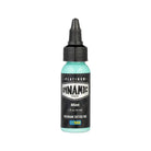 A sleek translucent mint green bottle of dynamic platinum tattoo ink with a black screw-on cap and brand label