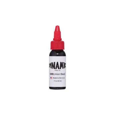 A small black bottle with red cap and white label of dynamic ink union black by Dynamic for tattoo use