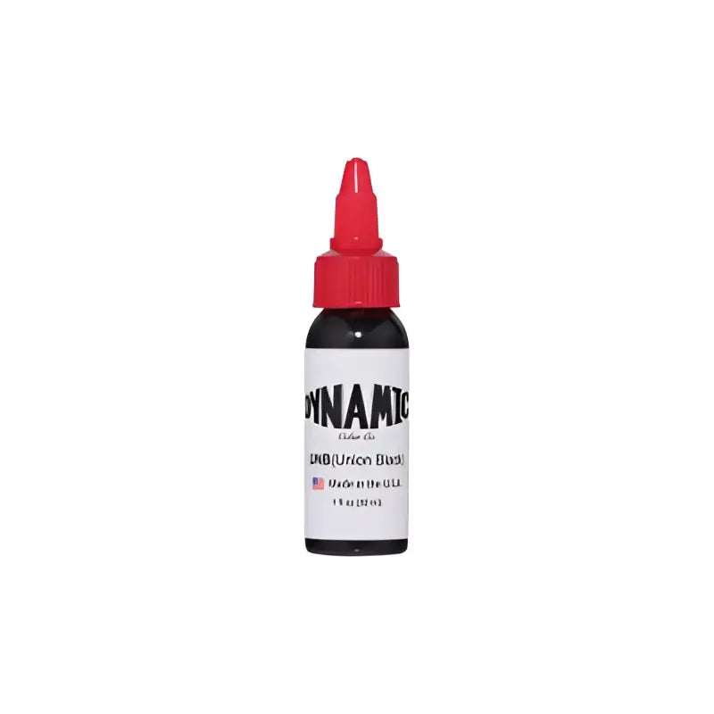 Kleine schwarze Flasche mit rotem Deckel und weißem Etikett mit dynamic Farben Union Black von Dynamic für Tattoos
