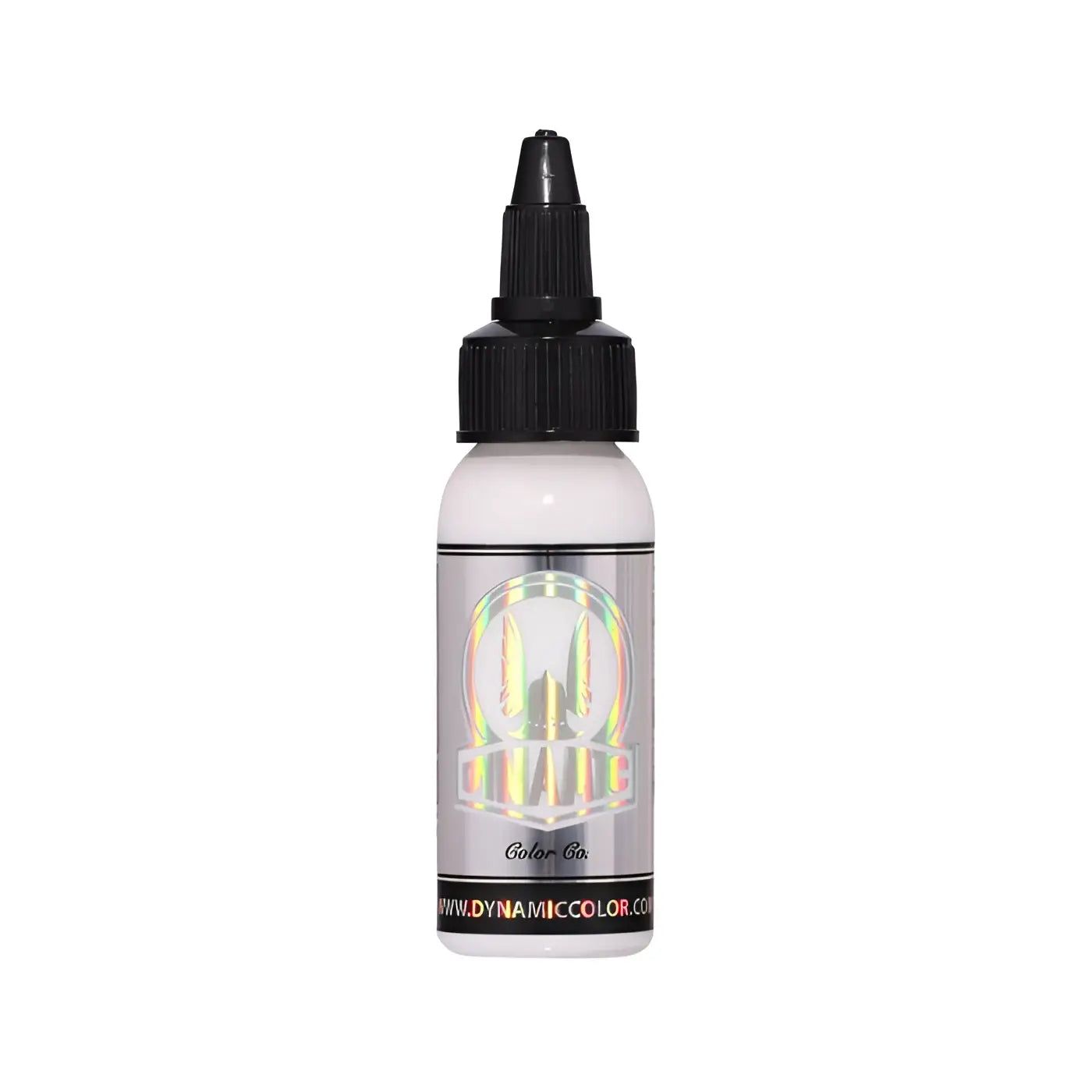A sleek white dropper bottle with a holographic dynamic color label for viking bright white product