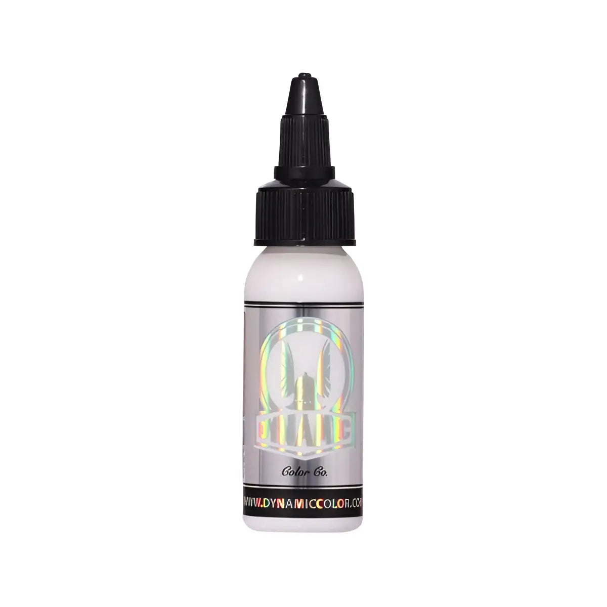 A sleek white bottle with a black dropper cap and holographic dynamic color label for dynamic viking ultra white