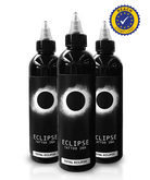 Three black bottles of eclipse total eclipse tattoo ink with white eclipse design and clear dropper caps
