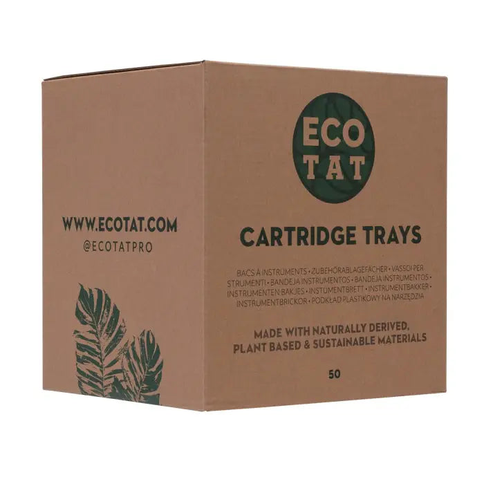 Brown cardboard cartridge trays box by eco tat with green leaf logo containing 50 eco friendly trays
