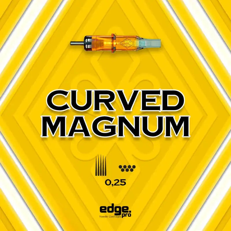 Edge pro curved magnum cartridge with orange translucent body metallic tip and light blue end cap for tattooing