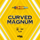 Edge pro curved magnum cartridge with orange translucent body metallic tip and light blue end cap for tattooing