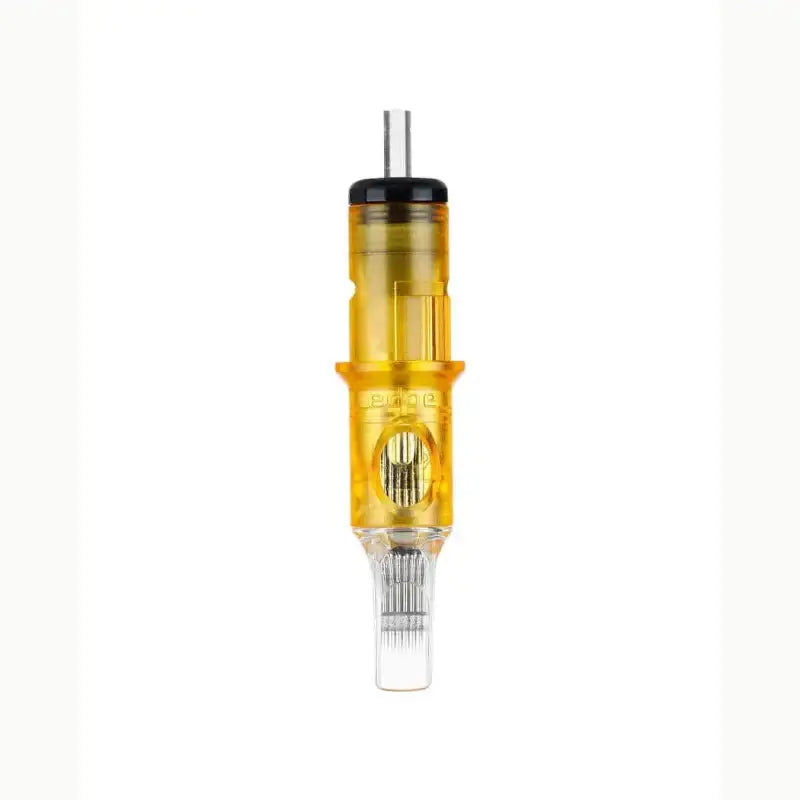 Yellow translucent curved magnum tattoo needle cartridge with black cap and metallic tip from edge pro series