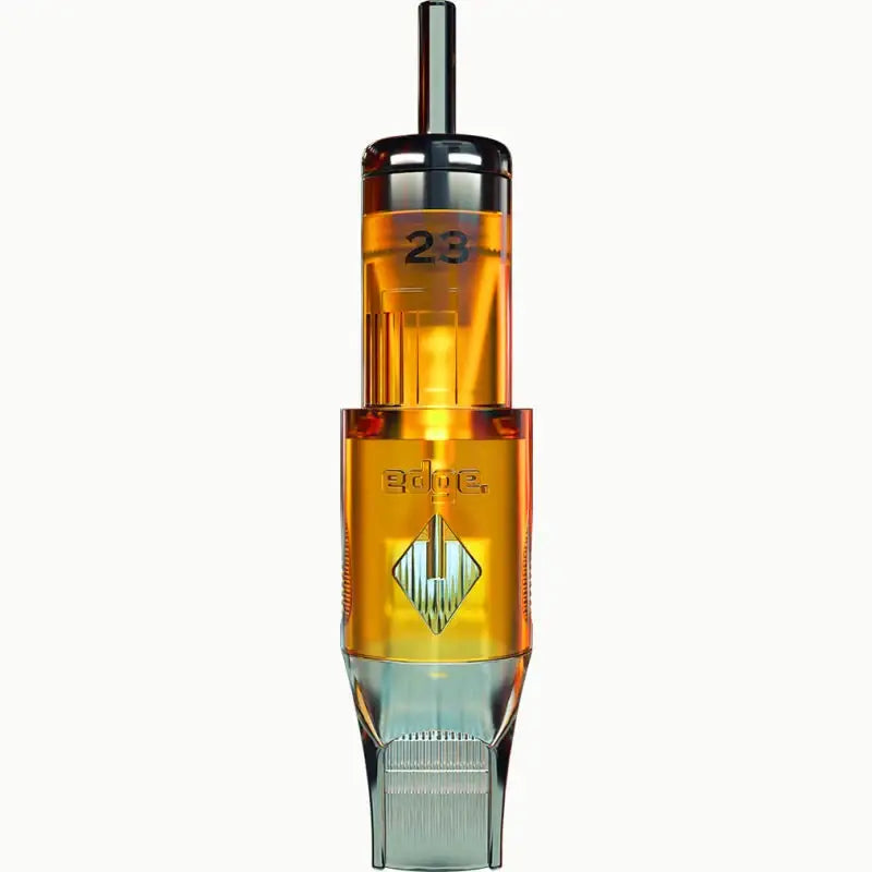 Orange-tinted transparent plastic magnum tattoo needle cartridge with metallic top and bottom featuring edge logo
