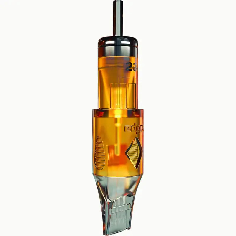 Orange-tinted transparent plastic edge pro magnum tattoo needle cartridge with metallic tip and black top cap