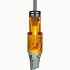 Orange-tinted transparent plastic edge pro magnum tattoo needle cartridge with metallic tip and black top cap