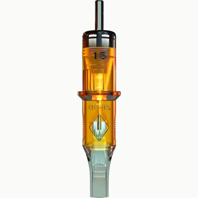 Orange translucent plastic edge pro magnum tattoo needle cartridge with metallic tip and silver metal housing marked 15 bioe