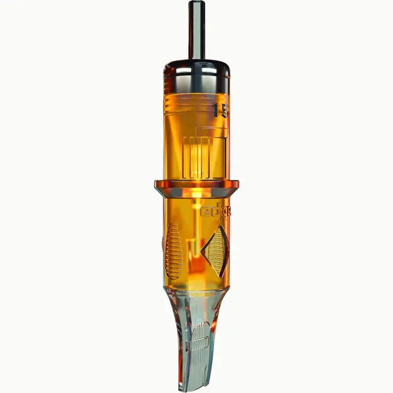 Transparent amber-colored EDGE PRO magnum tattoo needle cartridge with black metallic top and clear plastic base with branding