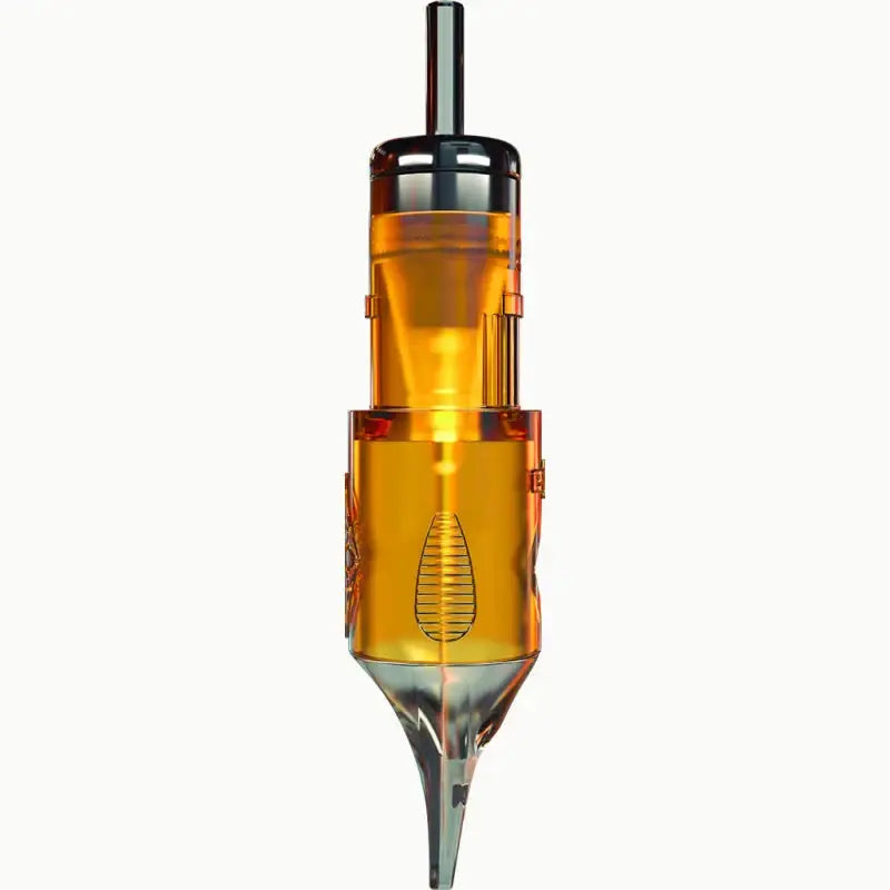 Transparent amber-colored edge pro cartridge magnum tattoo machine needle with metallic tip and black top cap
