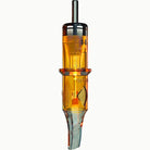 Edge pro magnum tattoo needle cartridge in transparent amber with black metal top and clear plastic base embossed branding